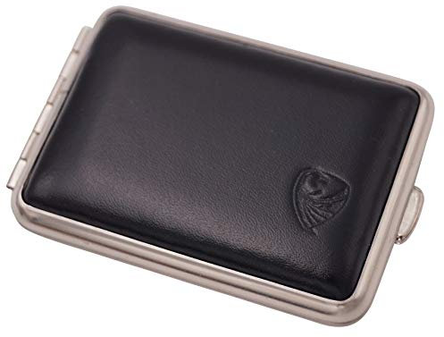 GERMANUS Pillendose Etui, Made in Germany, Kleines Rind Pillenbox für Tabletten, Stahl mit schwarzem Leder, für Tabak Schnupftabak - Schwarz