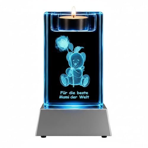 Geschenk für Mama aus Kristallglas mit 3D Lasergravur und LED Leuchtsockel – Teelichthalter „Für die Beste Mama der Welt“ zum Geburtstag Muttertag Weihnachten