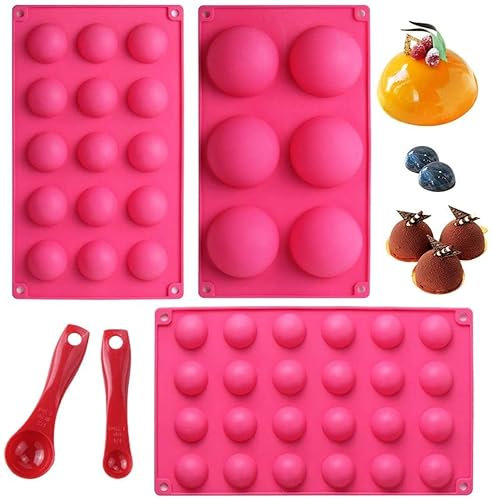 webake Halbkugel Backform Silikon 3 Stück Rund Silikonform Pralinenform Kugel mit 2 Stück Messlöffel für Kuchen Gelee Pudding Süßigkeiten Schokolade 6 Löcher 7 cm 15 Löcher 3.8 cm 24 Löcher 3 cm