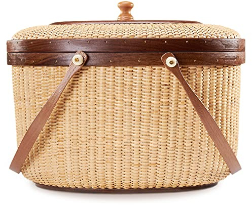 Teng Jin Nantucket Sewing Basket Purse, Containers with Dual Wood Handles .Cane-on-cane weave basket craft basket, with lid with handle