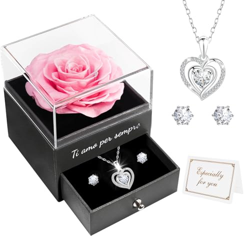Miofula Rosa Stabilizzata Regalo Donna,Rosa Eterna con Collana Argento 925 Orecchini Donna,Ti Amo per Sempre,Regalo Donna Compleanno,Rose Stabilizzate Regalo Natale Anniversario San Valentino per Lei