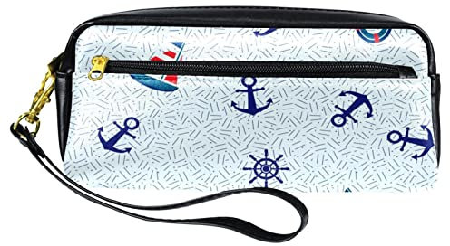 Segelboot Anker Lenkrad und Rettungsring Federtasche Stifttasche Tasche PU Leder Schreibwaren Tasche mit Reißverschluss für Jungen Mädchen Schule & Bürobedarf