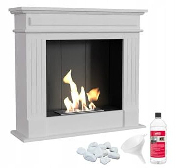 KRATKI November Bioetanol Portal Chimenea + Guijarros + Embudo + Biocombustible Carcasa de MDF Inserto de Acero Autoensamblaje Biocontenedor 0,75 l Certificado TÜV 87x95 cm Blanco
