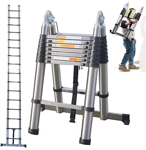 Step Ladder Multi-Purpose Telescoping Extension Ladder 5m (2.5m+2.5m) Stainless Steel Folding Ladder Roof Climb Ladder A-Frame Extendable Ladder with Stabiliser Bar, 330lbs Max Load EN131 Certificated