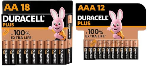 Duracell Batterie Plus AA (pacco da 18) - Alcalina 1.5V - Fino al 100% di extra durata & Batterie Plus AAA (pacco da 12) - Alcalina 1.5V - Fino al 100% di extra durata
