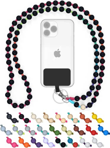 Holzperlen Handykette universal 135 cm, handgefertigt (Black Rainbow) | Schlüsselband zum Umhängen, kompatibel mit allen Smartphones, iPhone & Samsung, als Kette oder Necklace