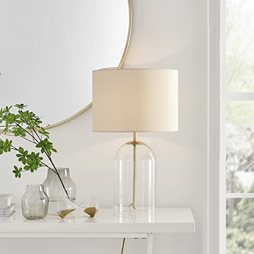 Furniturebox UK Lighting - Nora Clear Glass, Gold & Cream Shade Table Lamp Light (Including Bulb) - Glass Bell Jar & Gold Metal Lamp Stand - Cream Fabric Lampshade - Elegant, Modern Lamp.