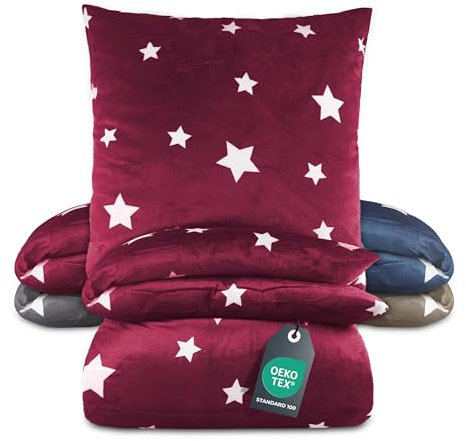 BaSaTex Winter Plüsch Bettwäsche Set Sterne Nicky-Teddy Cashmere-Touch | 135x200 155x220 + 80x80 Kissenbezug | Größe: 155x220 | Farbe: Bordeaux Rot