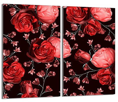 Herdabdeckplatten 2 Teilig 2x30x52 cm Ceranfeldabdeckung Küche Elektroherd Induktion Herdschutz Spritzschutz Glasplatte Schneidebrett, Rosen Rot