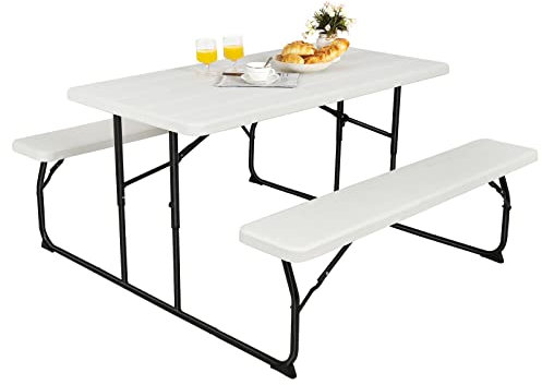 GYMAX Bierzeltgarnitur 3-teilig Gartenmöbel-Set 2 Bierbänke & Biertisch Picknicktisch Gartentisch Klappbar Sitzgarnitur Gartengarnitur Camping 151 x 136 x 72 cm Klapptisch Kunststoff (Weiß)