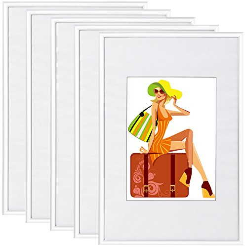 WOLTU Bilderrahmen 40x60 cm, 5er Set, Weiß Collage Wanddeko, Fotorahmen mit Passepartout, mehrere bilder, Posterrahmen zum vertikalen oder horizontalen Aufhängen/Aufstellen