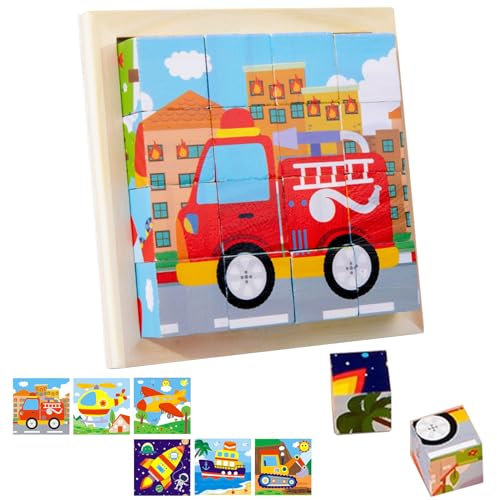 Würfelpuzzle Holz,6 in 1 Verkehr-Motive Holzpuzzle, 3D Bilderwürfel Puzzlespiele für Kinder ab 1 2 3 4 Jahre, Lernspielzeug,Montessori Spielzeug, Holzpuzzle Kinder Geschenk für Jungen und Mädchen