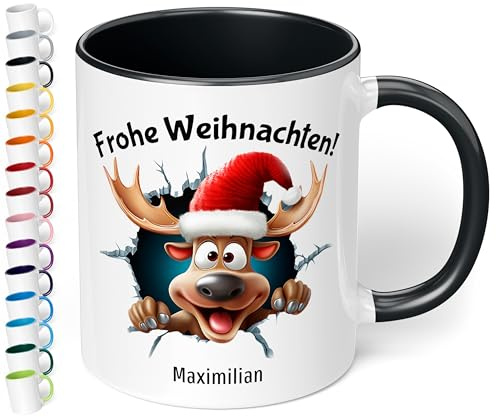 True Statements Weihnachtstasse mit Namen personalisiert „Frohe Weihnachten!“ - mit 3D Rentier-Motiv - 330ml Keramik Kaffeebecher mit Spruch – Geschenk für Kollegen & Familie (Schwarz)