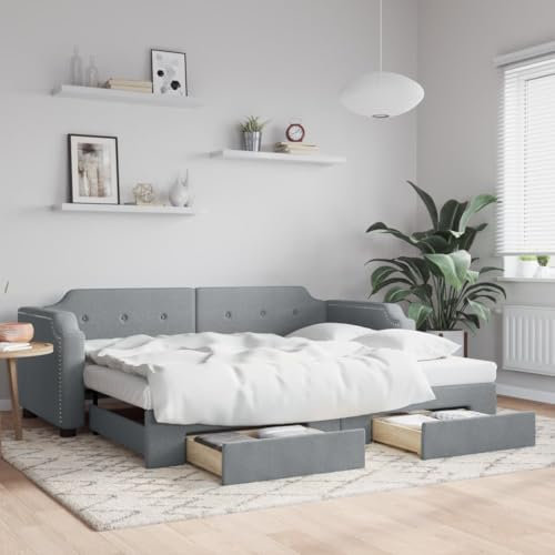 DJEKA Tagesbett Ausziehbar 90x200 cm mit Schubladen Jugendbett 90x200 cm Bett Mit Ausziehbett Hellgrau-31 Tagesbett 90x200 Ausziehbar Tagesbett aus Holz Tagesbettgestell Sofabett Schlafsofa Stoff