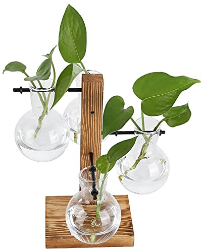 Glas-Pflanzgefäß Mit Holzständer, Pflanzenterrarium Mit Holzständer, Desktop-Hydrokultur-Vase, Luft-Pflanzgefäß, Glühbirnen-Glasvase, Transparente Desktop-Blumenvase Für Büro, Zuhause, Hochzeitsdekora