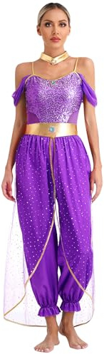 iiniim Damen Bauchtanz Kostüm Bauchtänzerin Orientalische Indische Verkleidung Halloween Karneval Fasching Party Tanzkleidung A Lila XL