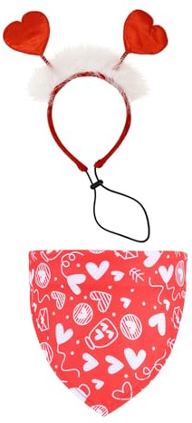 Valentinstag Hund Herz Stirnband und Valentinstag Hunde Halstuch, Rot Herz Weiß Flauschig Haustier Stirnband Niedlich Hund Bandanas für Geburtstag Party Kopfbedeckung Kostüm
