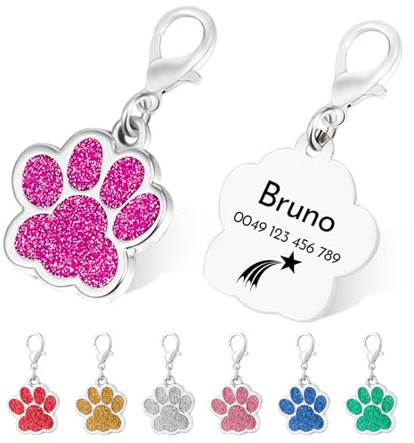 2er Pfotenform Hundemarke mit Gravur Glitzerpfote Plakette Fuchsie Tiermarke Personalisierte Hundehalsband-Anhänger Adressanhänger für Hunde und Katzen
