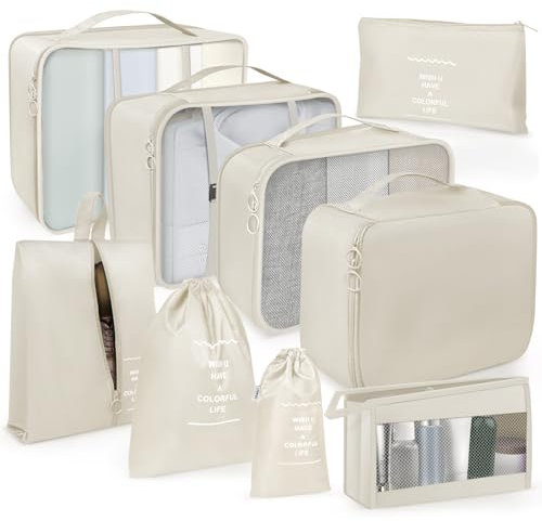 OBSGUMU Koffer Organizer Set, 9 Pcs Packing Cubes für Reise, Packtaschen für Koffer Reise Kleidertaschen, Verpackungswürfel Mit Kosmetiktasche, Travel Organizer(Beige)