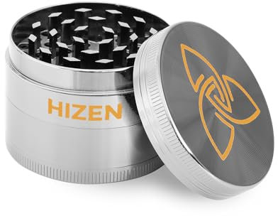 HIZEN Basic Grinder Ø 49mm, 4-teilige Kräutermühle, Crusher Set für getrocknete Kräuter, Pollen, Blüten, Gewürze mit Pollenfach und Schaber (Silber)