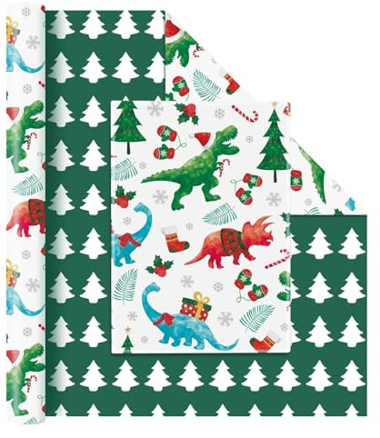 WERNNSAI Weihnachts Geschenkpapier – 1 Rolle Weihnachtspapier Kinder Weihnachten Dino Geschenk Weihnachtspapier Grün Weihnachtsfeier Dekoration 43cm x 10m