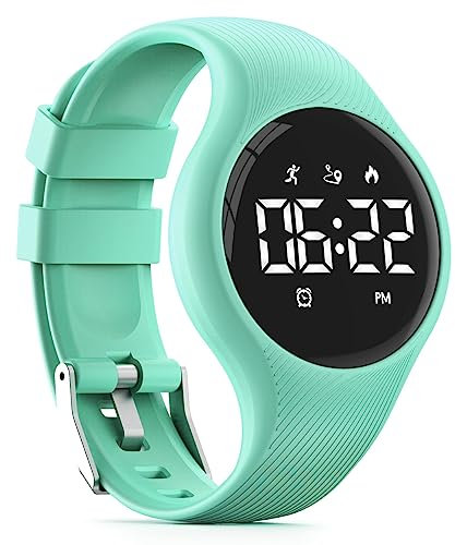 Focwony LED Digital Waterproof Pedometer Watch, Non-bluetooth Fitness Tracker, Step Counter, Distance, Vibrating alarm clock, Stopwatch, Great Gift for for Kids Childrens Teens Girls Boys (Green)