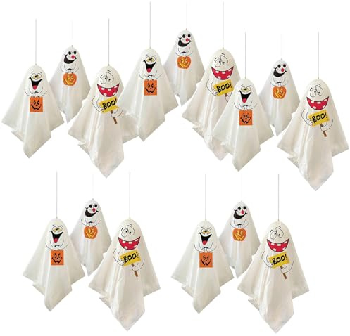 15 Stück Halloween Deko hängende Geister,9x8cm Mini Horror Türvorhang Fliegendes Gespenst Hängede korationen Ghost für Party,Garten,Wand,Fenster,Tisch,Tür Draußen Drinnen Haus Yard