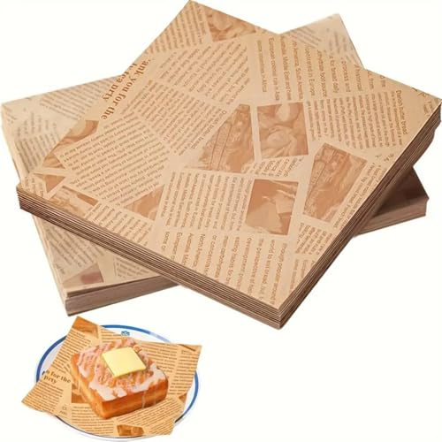 250 Pcs Greaseproof Paper Sheets, 7 x 7 Inch Food Burger Paper, Baking Wrapping Sheets, Old Newspaper Style Grease Proof Wrap for Food Basket & Plate Liners Bread Sandwich Pizza and French Fries