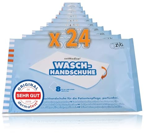 Koryphäe ZVG zetMedica® feuchte Waschhandschuhe, Feuchte Waschlappen, Einweg Waschlappen, Waschhandschuhe für bettlägerige Patienten Camping Festival Wandern (24 Packungen, 192 Stück)
