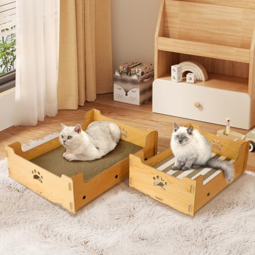Heikoeco® Kratzpappe für Katzen Groß XXL Bett, Kratzlounge Katze Pappe Box，Katzen Kratzbrett Kratzmatte Katze aus Hochwertiger Wellpapier & Holz 48,5x40x15,5cm Geschenk für Katzenliebhaber