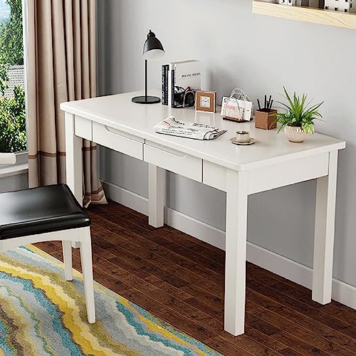 Scrivania per computer in legno massello con 2 cassetti, moderna scrivania per casa e ufficio, per tavolo da studio o tavolo da lavoro, 119 cm, finitura bianca