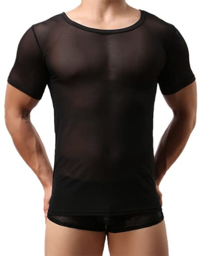 Hombre Malla Rejilla Camiseta de Manga Corta Transparente Ver a Través Camisas Ajustadas