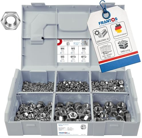 FRANTOS L-BOXX Mini DIN 934 Sechskantmuttern Sortiment, M4 bis M12 740 tlg. (Stahl verzinkt) - Sechskant Muttern Schraubenmuttern Set