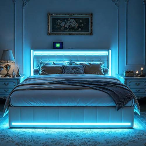 KSFASHZ Säng 160 x 200 med lådförvaring, USB LED och 4 lådor, vadderad säng med utdragslåda och LED-bas