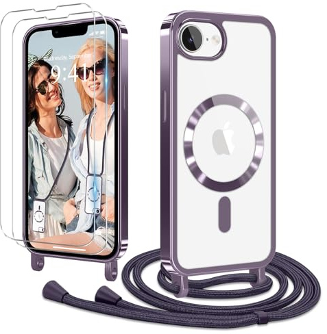 Ethanger Coque pour iPhone 17e/16e avec Cordon + 2×Verre Trempé, Violet | Coque Transparente TPU Bumper Silicone Etui Housse avec Cordon de Collier Réglable, Cover Magnétique