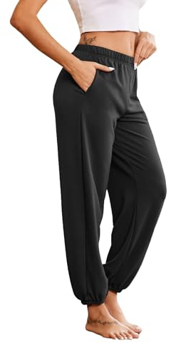 Ekouaer Damen Schlafanzughose Lang Jogginghose Warm Loungehose Freizeithose Nachtwäsche Hosen mit Taschen Pyjamahose Schwarz XXL