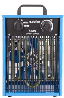 Cofan Calefactor industrial 5000 W | 3 niveles de potencia | Termostato ajustable | Función ventilador |Enchufe tipo trifásico (5 pines) | Adecuado para uso industrial