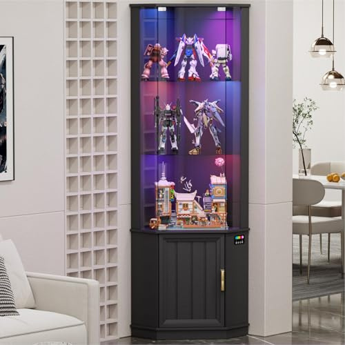 Gurexl Corner Display Cabinet with 24 Colors Dimmable for Bedroom,Black | 65 RGB Bookcase with Glass Doors,Curio Display with Human Sensor,Floor Cabinets for Collectibles,Bedrooms,Study