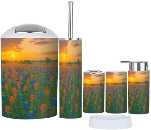 6 Piece Bathroom Accessories Set Texas bluebonnets Indian Paintbrush wildflower field blooming with Bathroom Bin, Toilet Brush, Soap Dispenser, Toothbrush Holder, Cup, Soap Dish Set