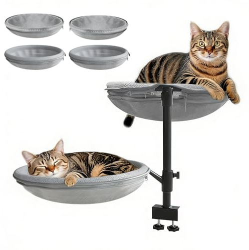 RATSTONE Hamaca para Gato Giratoria 360°, Altura Ajustable, con 4 Fundas Extraíbles y Lavables, Utilizable En Todas Las Estaciones, Cama para Gato (Gris), Capacidad Máxima De 28 Libras