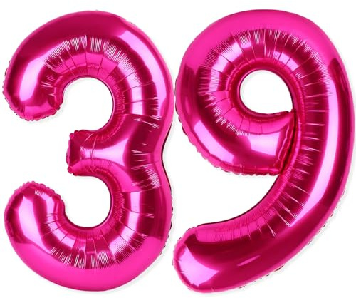 39 palloncini giganti a elio con numero 39, 101 cm, colore fucsia, decorazioni per 39° compleanno, anniversari, eventi, decorazioni per feste femminili (rosa acceso)