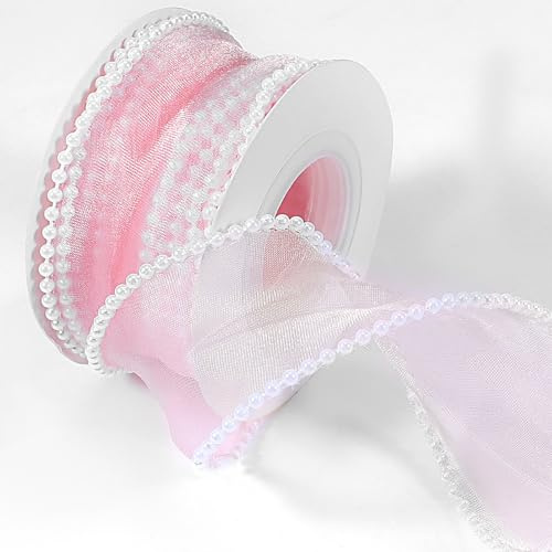 Nogeqi Perlenband,Geschenkband Rosa,4.5m Spitzenband,Schleifenband Rosa Chiffon-Band,Transparente Hochzeit Diamantene Hochzeit Deko für Hochzeits Blumen DIY Bastelarbeiten Nähen Handwerk Verpackung