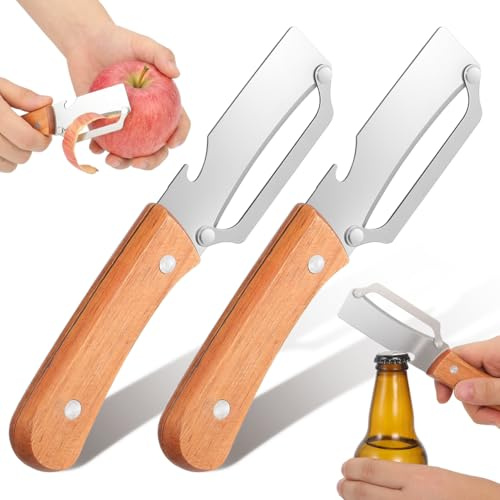 MAGICLULU Lot de 2 Éplucheur Légumes Multifonction avec Décapsuleur Intégré, Manches en Bois Naturel, Lame en Acier Inoxydable, Outil Cuisine à Double Usage pour Fruits et Légumes,