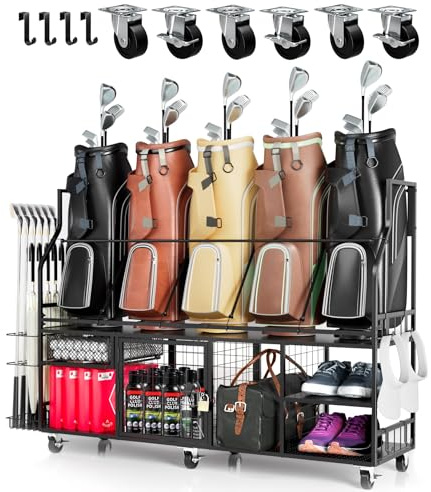 Lhysn Mobiler Golftaschenständer aus Metall für 5 Golfsäcke, Golf Organizer mit feststellbaren Rollen, abschließbares Fach, Schuhregal & Zubehörhalter für Garage