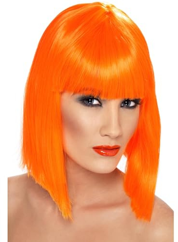 Smiffys Glam Perücke, Neon-Orange, Kurz, abgerundet mit Pony Halloween