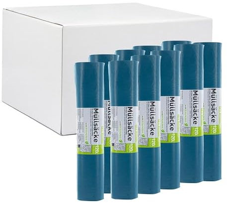 Hossi's Wholesale – 120 Liter Abfallsäcke 10 Rollen à 25 Stück – blaue Müllsäcke für Haus-, Garten- & Gastronomieabfälle – reißfeste Müllbeutel mit 39my Stärke (700 x 1100 mm)