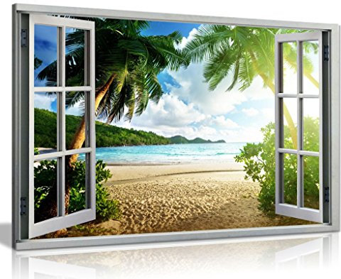 Beach Sunset View 3D Window Effect Canvas Wall Art Picture Print (30X20), Bedroom
