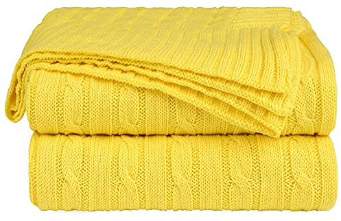 sourcing map Suave 100% Algodón Punto Manta para Sofá y Diván Ligero Cable Tejida Cobija Casa Decorativo Cobija Amarillo 50 x 60