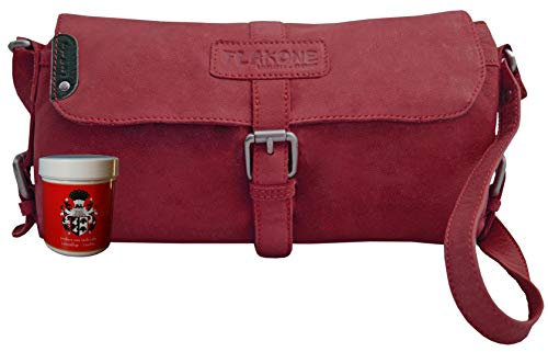 LL BARON of MALTZAHN Damen Schultertaschen FLAKONE red-Beere Casual-716 aus Leder + Lederpflege