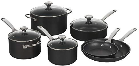 Le Creuset Juego de utensilios de cocina Pro antiadherentes endurecidos, 3 piezas (sartén de 10 pulgadas, sartén de 4.25 cuartos de galón con tapa), gris